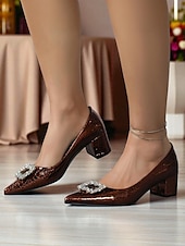 abordables Block Heels-Zapatos de tacón de bloque de ante burdeos para mujer con hebilla de diamantes de imitación: elegantes zapatos de vestir de estilo retro para mujer, ideales para la oficina, bodas y fiestas.