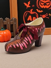 abordables Pour les femmes-Chaussures à talons marron pour femmes avec broderie goutte rose - Escarpins de fête à lacets vintage avec ruban, parfaits pour le cosplay, les festivals d&#039;automne et les événements costumés