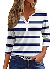 economico T-shirt a righe e geometrico-Per donna Camicia Bottoni Stampato A righe Elegante Casual Manica Lunga Scollo a V Top Regolari Quotidiano Blu Bianco Vino Verde Estate Primavera Autunno