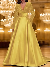 preiswerte SCHWARZ-Schwarz Tie A-Linie Abendkleid Elegantes Kleid Karneval Festlich Bodenlang Langarm V-Ausschnitt Tasche Satin mit Feder Pailletten