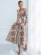 voordelige Cocktailjurken-Jacquard Brokaat Bloemen A-Lijn Cocktail Jurken Elegante Jurk Formeel Huwelijk Enkel Lengte Korte Mouwen V Hals Nylon met Strik(ken) Zak Huwelijks Gast Jurk