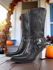 levne Pro ženy-Dámské kovbojské boty v západním stylu s vyšívanými plameny - robustní podpatek, černohnědé gotické boty do půli lýtek na Halloween, hudební festivaly a rodeo.