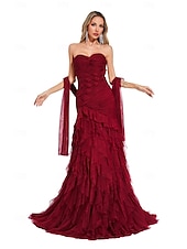baratos Vestidos de Noite-Vestido de Festa de Sereia  Trompete Elegante Vestido Formal de Baile com Cauda Sem Mangas Gola Coração em Tule com Pregas e Xale