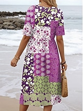 preiswerte Blumenkleid-Damen Midikleid Freizeitkleid A Linie Kleid Sommerkleid Urlaub Lässig Ferien Normale Passform Blumen Grafik Geometrisch Halbarm Rundhalsausschnitt Schwarz Gelb Blau Purpur Sommer Frühling