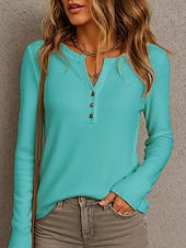 abordables Hauts Unis pour Femmes-Femmes Chemisier Uni Élégant Moderne manche longue Col en V Hauts Réguliers Quotidien Fête Boutons Vert Claire Bleu Beige Gris Été Printemps Automne