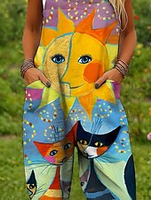 olcso nyomtatott jumpsuit-Női Overall Aktív Grafika Ujjatlan Széles lábszár Nyomtatott Vakáció Utca Laza öltözet Sárga Rubin Medence Nyár