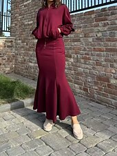 abordables Ensembles chemisiers pour femmes-Femmes Robe Ensemble Robe d&#039;été Robe Midi Occasionnel Uni Fermeture éclair Robe maxi manche longue Col en V Extérieur Date Noir Vin Café Été Coupe Ample