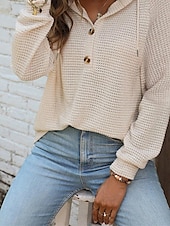 baratos Moletons e Sweatshirts Texturizados-Mulheres Pulôver Moletom Com Capuz Tecido Roupa de rua Casual Confortável Manga Longa Com Capuz Tops regulares Rua Feriado Para Noite Botões Preto Branco Bege Outono