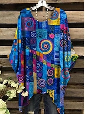 billige Kvinne Boho Topper-Dame Bluse Grafisk Geometrisk Elegant Bohem Årgang Kortermet Flaggermusermer Crew-hals Vanlige topper Daglig Ferie Strand Klær Trykt mønster Grønn Og Blå Gul Rosa Lysebrun Blå Sommer Vår