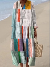 economico Abiti a Strisce e Geometrici-Per donna Abito Midi Vestito Estivo Abito a trapezio Vacanza Casual Boho Uscire Spiaggia Grafico Geometrico A righe Manica Lunga Scollo a V Nero Giallo Rosa Rosso Estate Primavera Autunno