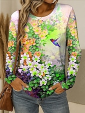 billige Blomster t-skjorte-Dame T skjorte Blomstret Grafisk Fugl Årgang Stilfull Klassisk Langermet Crew-hals Rund hals Vanlige topper Daglig Helg Trykt mønster Gul Rød Blå Lilla Grønn Sommer Vår Høst