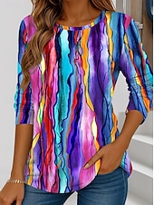 ieftine Tricou cu dungi și geometric-Pentru femei Tricou Grafic Geometric Dungi Epocă Modă Stilat Manșon Lung Stil Nautic Topuri obișnuite Zilnic Imprimeu Alb Albastru piscină Mov Portocaliu Maro Vară Primăvară Toamnă
