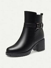 baratos Botas de tornozelo-Botas femininas de couro preto - botas de inverno de salto médio com forro de pele quente, zíper lateral e fivela para clima frio, trabalho &amp;roupas para atividades ao ar livre