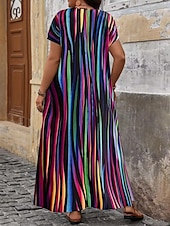 abordables Robes Rayés et Géométriques-Femmes Robe maxi Robe trapèze Occasionnel Extérieur Plage Coupe Ample Rayure Manche Courte Col en V Rose Claire Rouge Bleu Violet Été Printemps