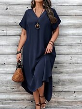 abordables Robes-Femmes Grande taille Robe Décontractée Couleur Unie Col en V Manche Courte Été Printemps Élégant Mode Moderne Occasionnel Robe Maxi Quotidien Fête Robe