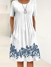 preiswerte Blumenkleid-Damen Midikleid Shiftkleid Sommerkleid Urlaub Lässig Täglich Normale Passform Blumen Grafik Abstrakt Halbarm Rundhalsausschnitt Weiß Blau Himmelblau Hellgrau Sommer Frühling