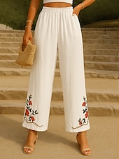 preiswerte Schlichte Hose aus Baumwollleinen-Damen Hose aus Baumwollleinen Chinos Ethno-Stil Basic Lässig Volle Länge Hohe Taille Blumen Bestickt Tasche Elastischer Bund Komfort Außenbereich Mikroelastisch Urlaub Straße Täglich Khaki Beige