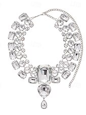 abordables Collar de mujer-Gargantilla y pendientes de cristal plateado con declaración para mujer: joyas glamurosas con diamantes de imitación grandes para fiestas, bodas y eventos formales.