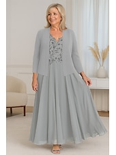 baratos Com jaqueta-Vestido de mãe da noiva em duas peças, corte A, com renda e miçangas, elegante, simples, luxuoso, decote em V, comprimento até o chão, comprimento longo, chiffon, manga curta com jaqueta de crepe