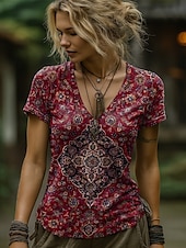 abordables T-shirt Boho-Femmes T-shirt Fleuri Graphique Paisley Bohème ancien Élégant Manche Courte Col en V Hauts Réguliers Quotidien Sortir Week-end Imprimé Noir Rouge Bleu Orange Gris Été Printemps