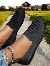 levne Dámské boty s plochou podrážkou-Dámské prodyšné ležérní balerínky z flyknit – lehké nazouvací boty s kulatou špičkou na chůzi, cestování a každodenní pohodlí