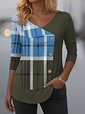 billige Stripe og geometrisk t-skjorte-Dame T skjorte Grafisk Geometrisk Ruter Mote Fritid Langermet Crew-hals Vanlige topper Daglig Lapper Knapper Trykt mønster Rød Blå Oransje Grønn Vår Høst Vinter