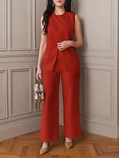 billiga breda ben och hög midja-Dam Elegant Mode Byxuppsättningar Bolero Top Ärmlös Rund hals Ensfärgat Semester Ledigt / vardag Svart Vit Rubinrött Sommar Normal