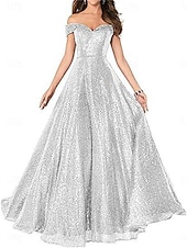 A-Line Evening Gown Elegant Dress Formal Performance Floor Length Short Sleeve Off Shoulder Sequined Backless with Pleats cheap Long Dresses & Gowns-A-Line Evening Gown Elegant Dress Formal Performance Floor Length Short Sleeve Off Shoulder Sequined Backless with Pleats