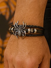 abordables Accessoires d&#039;Halloween-Bracelet araignée d&#039;Halloween pour homme – Bracelet tressé en similicuir gothique avec breloque araignée en alliage, bijou ajustable de style punk pour fêtes, cosplay et événements en boîte de nuit
