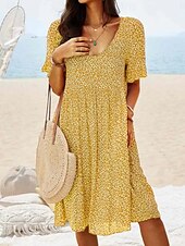 abordables Robes fleuries-Femmes Mini Robe Robe ajustée et évasée Occasionnel Extérieur Sortir Coupe régulière Fleuri Manche Courte Col Rond Bleu Ciel Jaune Rouge Bleu de minuit Été Printemps