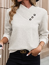 economico Top Semplici-Per donna Felpa Pullover Semplice Casual Manica Lunga Scollo a V Top Regolari Streetwear Abbigliamento Quotidiano Bottoni Nero Bianco Beige Autunno Inverno