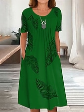 preiswerte Blumenkleid-Damen Midikleid T-Shirt-Kleid A Linie Kleid Sommerkleid Urlaub Lässig Täglich Normale Passform Grafik Blatt Kurzarm Rundhalsausschnitt Weiß Rosa Blau Grün Sommer Frühling