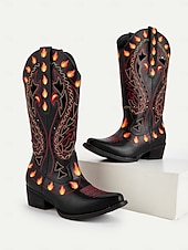 baratos Para mulheres-Botas de cowboy femininas bordadas com chamas pretas - botas retrô de festival até o joelho com salto baixo para festivais de música, fantasias de Halloween e cosplay