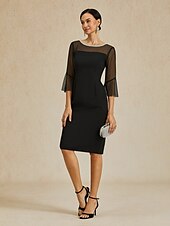 preiswerte Teelänge-Schlauchkleid Brautmutterkleid Elegant Party Rundhalsausschnitt Knielang Polyester Dreiviertelarm mit Kristalle Einfarbig 2025
