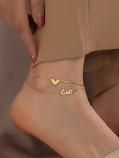 billige Damearmbånd-Dameankelkjede med lagdelt gullfarget kjærlighetshjerte – justerbar legeringskjede, elegant minimalistisk design for sommer, strand og fritidsbruk