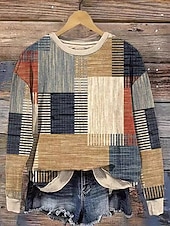 baratos Tops Listrados e Geométricos-Mulheres Moletom Moletons Gráfico Geométrica Xadrez Moda Casual Manga Longa Gola Redonda Tops regulares Rua Dia a Dia Imprimir Azul Roxo Verde cáqui Primavera Outono Inverno