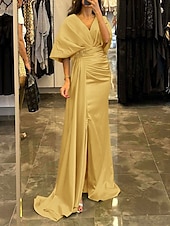 cheap YELLOW-Sheath Evening Gown Elegant Dress Formal Sweep / Brush Train Half Sleeve V Neck Satin with Pleats Ruched Crystals
