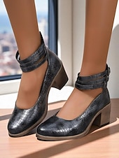 baratos Block Heels-Sapatos femininos verdes de couro sintético com estampa de crocodilo e tira no tornozelo, salto grosso - sapatos Mary Jane retrô confortáveis para caminhar, para o escritório, roupas do dia a dia e