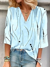 voordelige Dames Strepen &amp; Geometrische Tops-Dames Blouse Grafisch Stip Abstract Elegant Vintage Stijlvol 3/4 mouw V-hals Normale tops Dagelijks Uitgaan Afdrukken Wit Lichtgroen Blozend Roze Licht Blauw Zomer Lente Herfst