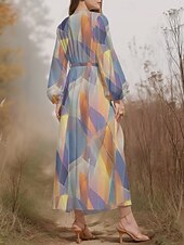 preiswerte Kunst &amp; Design Kleid-Damen Midikleid Freizeitkleid Chiffon Schwingkleid Modern Urlaub Täglich Wochenende Normale Passform Geometrisch Langarm V Ausschnitt Blau Dunkelgrün Purpur Grün Sommer Frühling Herbst