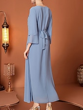 billige Gulvlengde-A-Line Mor til Bruden Kjole Elegant V Utringning Gulvlengde Chiffon Lang Erme med Belte  Bånd Krystaller