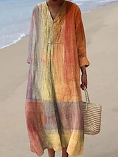 ieftine Rochii cu dungi și geometrice-Pentru femei Rochii Midi Rochie de Vară Rochie A line Vacanță Casual Boho Petrecere Plajă Potrivire Largă Grafic Geometric Manșon Lung În V Alb Albastru piscină Portocaliu Maro Vară Primăvară Toamnă