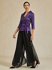 preiswerte Hosenanzüge für Mama-Zweiteilig Brautmutterkleid Elegant V Ausschnitt Knöchellänge Taft Dreiviertelarm mit Schärpe / Band Schleife(n) 2025