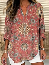 billige Kvinne Boho Topper-Dame Bluse Blomstret Grafisk Blad Elegant Stilfull Langermet V-hals Vanlige topper Daglig Ferie Trykt mønster Blå Dusty Blue Lys Lilla Lilla Oransje Sommer Vår