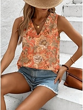 billige Blomstrete tanktop-Dame Camisole Tank Top Blomstret Grafisk Geometrisk Elegant Årgang Tropisk Ermeløs V-hals Vanlige topper Daglig Trykt mønster Svart Oransje Grønn Beige Sommer Vår