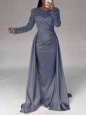 economico Champagne-Abito da sera sirena in paillettes abito in satin champagne arricciato maniche lunghe masquerade lunghezza fino al pavimento scollo illusion con perle gonna sovrapposta