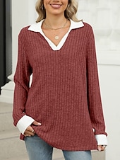 voordelige Dames eenvoudige tops-Dames Overhemd Effen Kleur Stijlvol Casual Lange mouw V-hals Normale tops Dagelijks Lapwerk Zwart Rood blauw Fuchsia Lente Herfst