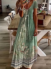 abordables Robes Boho-Femmes Robe maxi Robe Décontractée Robe trapèze Robe d&#039;été Élégant Vacances ancien Coupe régulière Fleuri Graphique Paisley Manche Courte Col en U Vert Claire Bleu Poudré Été Printemps Automne