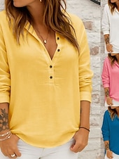 billiga Kvinnors Enfärgade Toppar-Dam Blus Ensfärgat Slät Elegant Stylish Ledigt Långärmad V-hals Vanliga toppar Dagligen Helgdag Vit Gul Rodnande Rosa Blå Vår Höst
