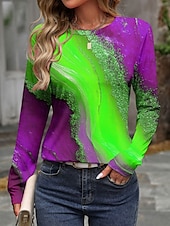 ieftine tricou Art &amp; Design-Pentru femei Tricou Ombre Grafic Bloc Culoare Epocă Stilat Casual Manșon Lung Stil Nautic Rotund Topuri obișnuite Zilnic Imprimeu Mov Portocaliu Trifoi Vară Primăvară Toamnă